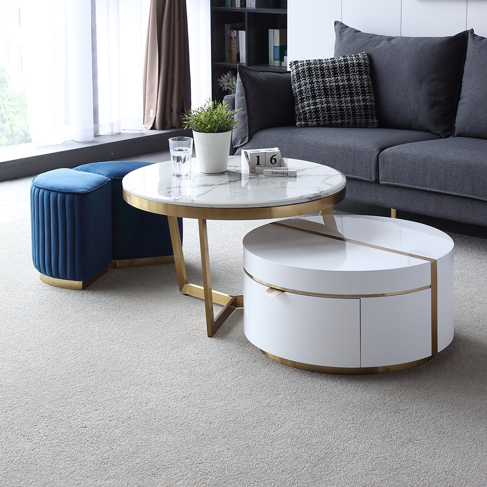 Audrey White Round Coffee Table W/ 1 Drawer & 2 Stools